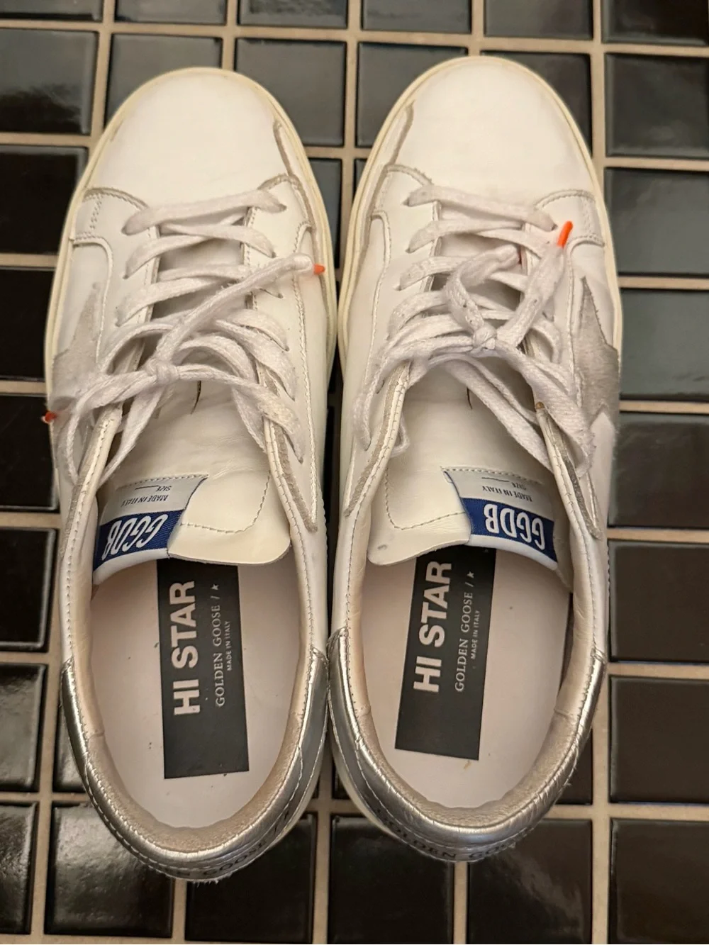 Golden Goose White Leather Sneakers with Gray Star and Orange Lace Tips